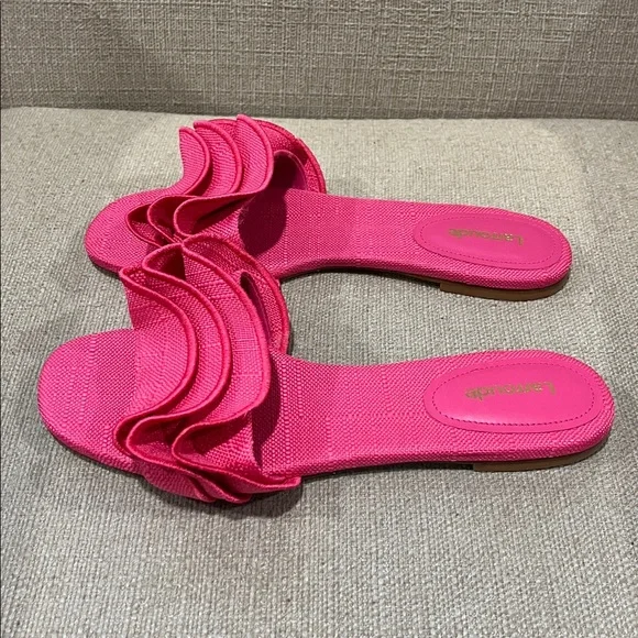 NEW Larroude Ivy Ruffle Slip On Mule Flat SANDALS Size 8.5 Pink Raffia - Picture 6 of 8